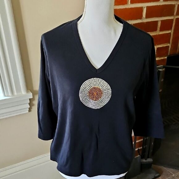 Black V-Neck Top with Embellished Design - Picture 1 of 9